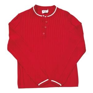 VINTAGE R&K Knits Sweater Womens M Red White 80s 90s Henley Ribbed *no size tag